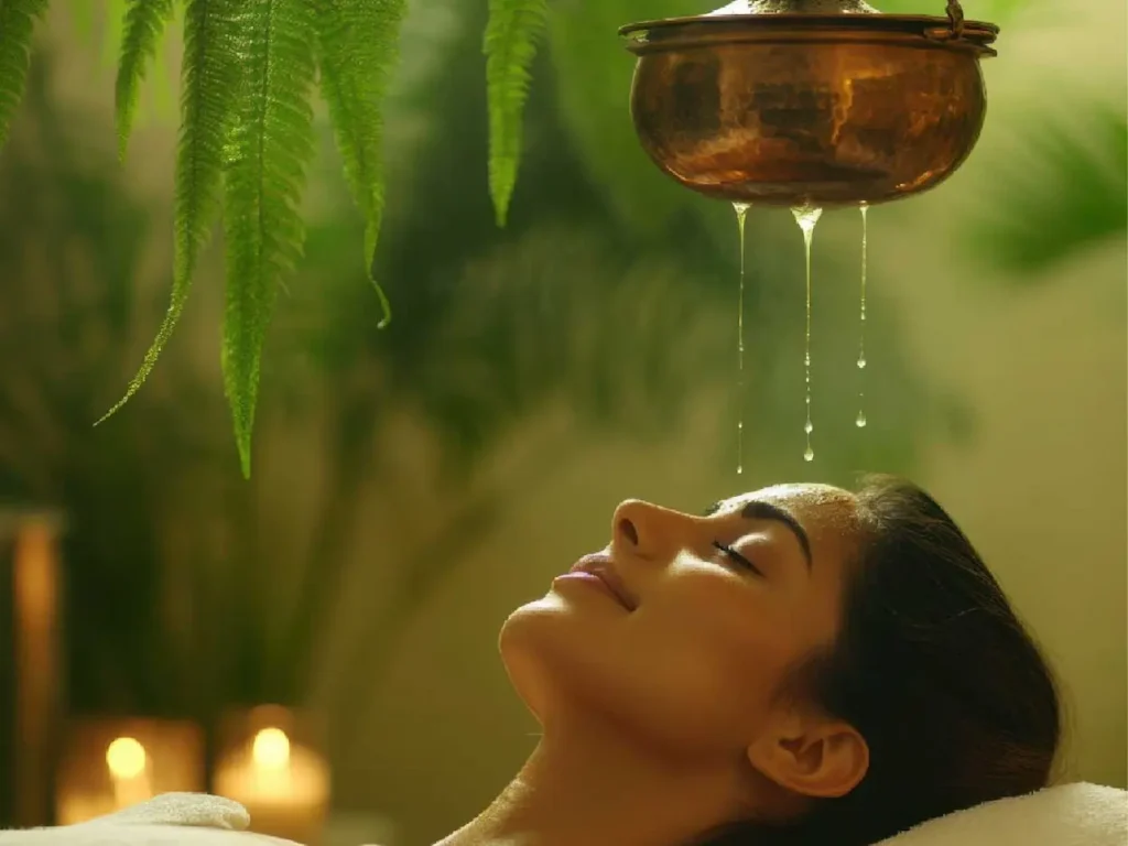 Woman relaxing in a spa as warm water drips from a copper pot overhead.