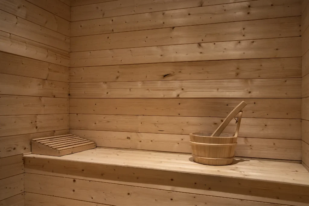 spa-and-wellness | The Roseate Ganges Rishikesh Interior of a wooden sauna with benches, a slatted footstool, and a bucket with ladle on the bench edge.