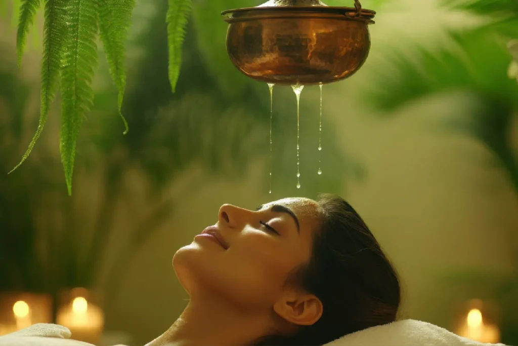 switch-off | The Roseate Ganges Rishikesh Woman relaxing with a copper pot pouring warm water drops onto her forehead in a spa setting